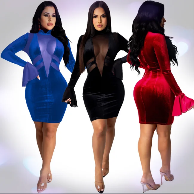 2021 модная Женская Клубная одежда с длинным рукавом, Бархатное облегающее платье, женское вечернее Сетчатое повседневное платье, сексуальное прозрачное ночное платье