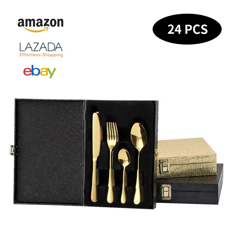 cubiertos luxury stainless steel knife spoon fork set 24 Pieces for 6 gold flatware Cutlery Set with black gift wood packing box