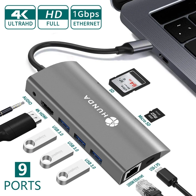  87 Вт алюминиевого сплава ABS USB3.0 типа Type-C feamile PD и аудио порт 9 в 1 взаимный обмен данными между компьютером периферийными устройствами зарядное устройство