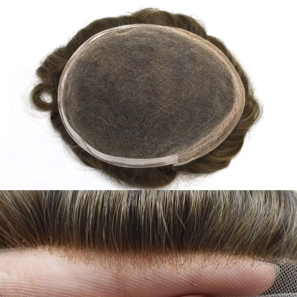 Дышащий мужской парик из французского кружева на основе ПУ невидимый натуральный для волос отбеленные передние узлы без повреждений