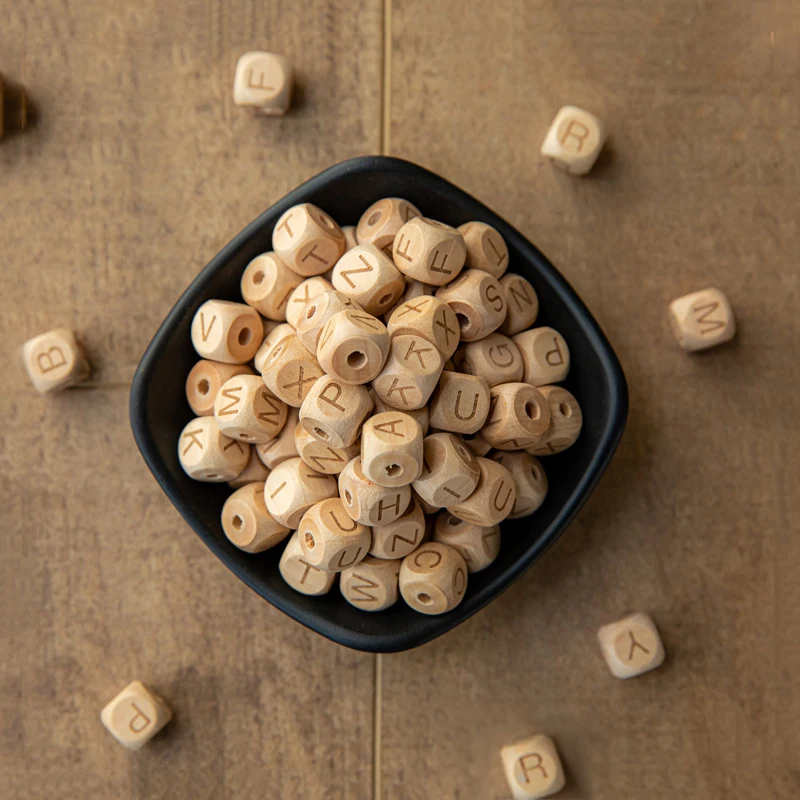 12mm Personalized Name Baby Teething Beads Wooden Beech Cube Alphabet Letter Beads
