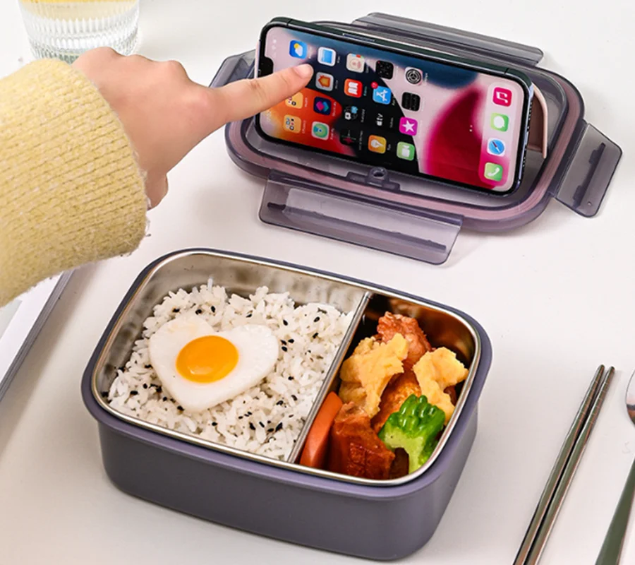 1050ml Thermal Insulation Lunch Box, Two Stainless Steel Compartments Bento Food Container