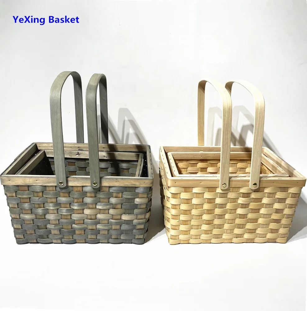 Picnic basket ,woodchip Hand made basket with lid ,natural color out side basket