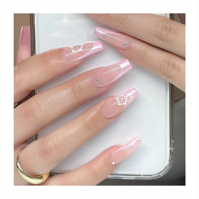 High Quality Long Square Coffin Full Cover Faux Nails Machine Print Simple Color French Fake Tips Factory Custom Press On Nails