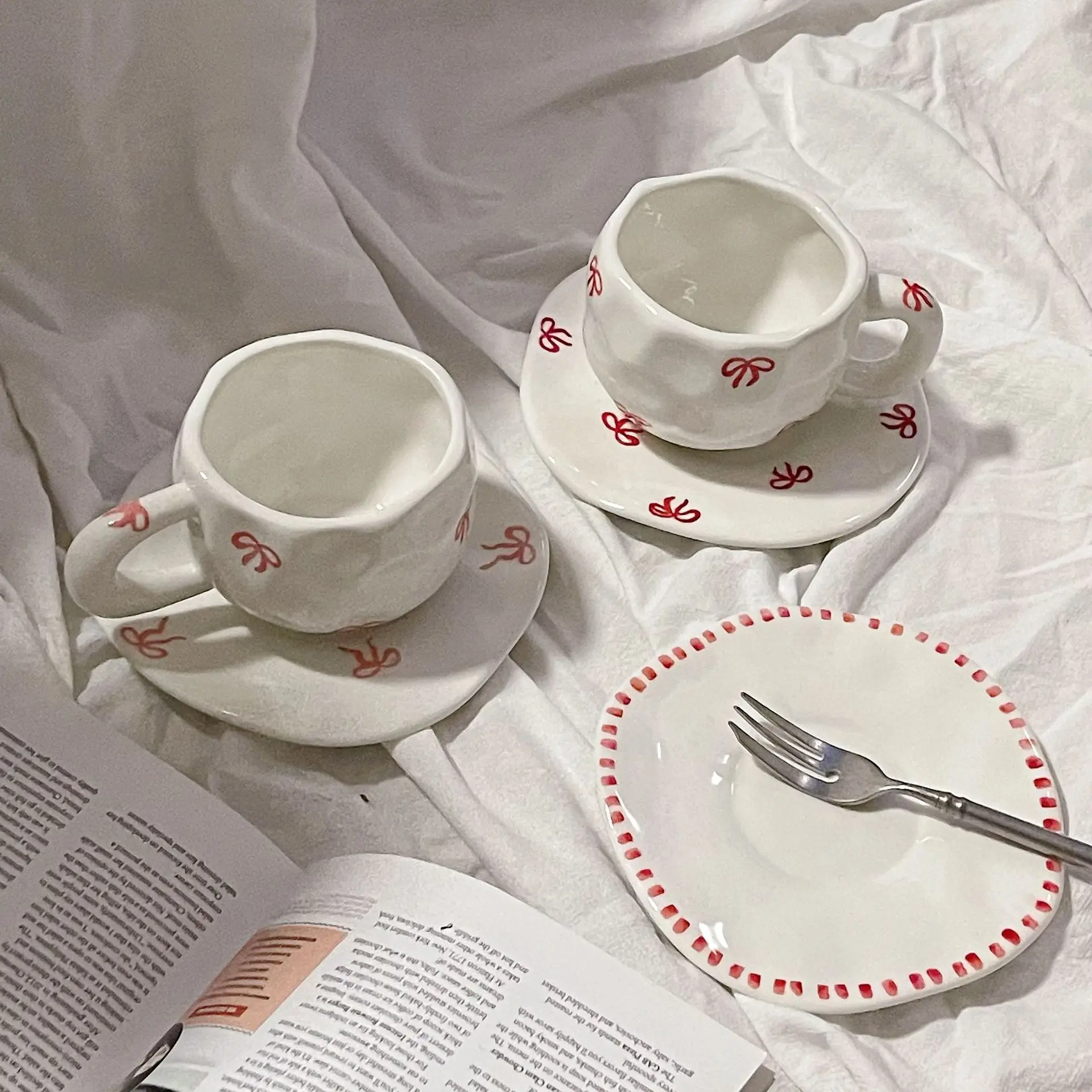 Cute Handmade Ceramic Bow Cup With Saucer Gift Mug