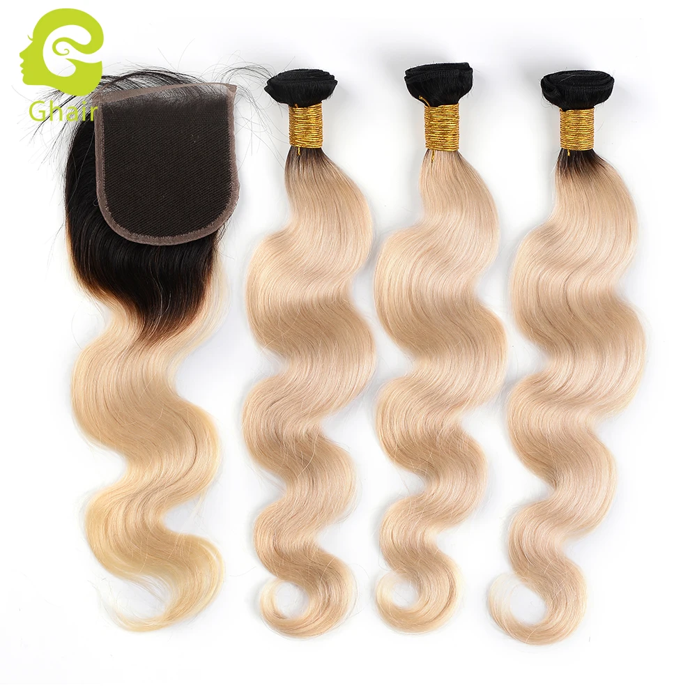 brazilian huhman Hair 2 Tone Dark Roots  Blonde Hair 3 Bundles With Lace Closure 1B/613 Color Hair Weft