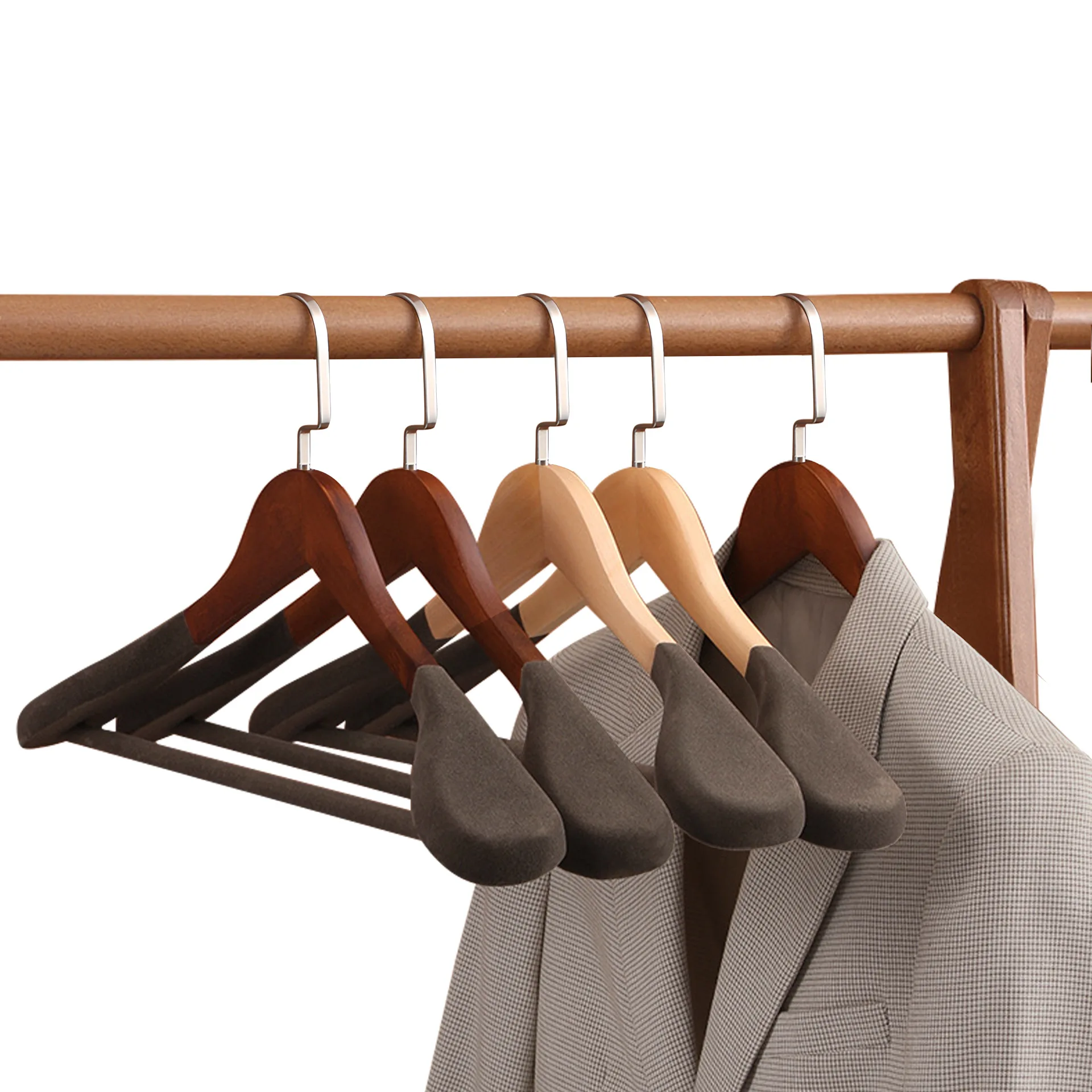 Wholesale High-Grade Coat Suit Solid Wood Hanger With Seamless Wide Shoulder Support Single Tier Metal Hanger With Flocking Hook