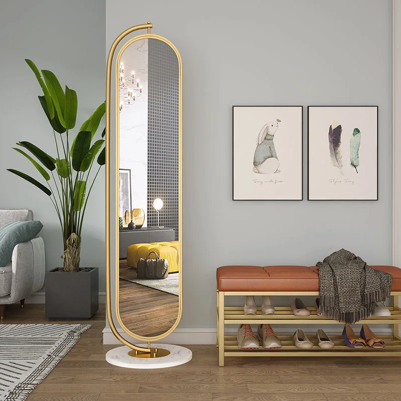 Nordic Luxury Gold Framed 360 Degree Rotatable Floor Mounted Full Length Dressing Mirror With Hanger Storage Basket