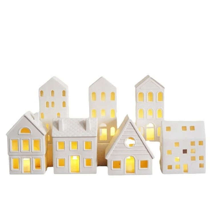 XINGYE Custom Desgin Christmas Fireplace Tabletop Ceramic House Tealight Holders Decorations White Cottage Lantern Ornament