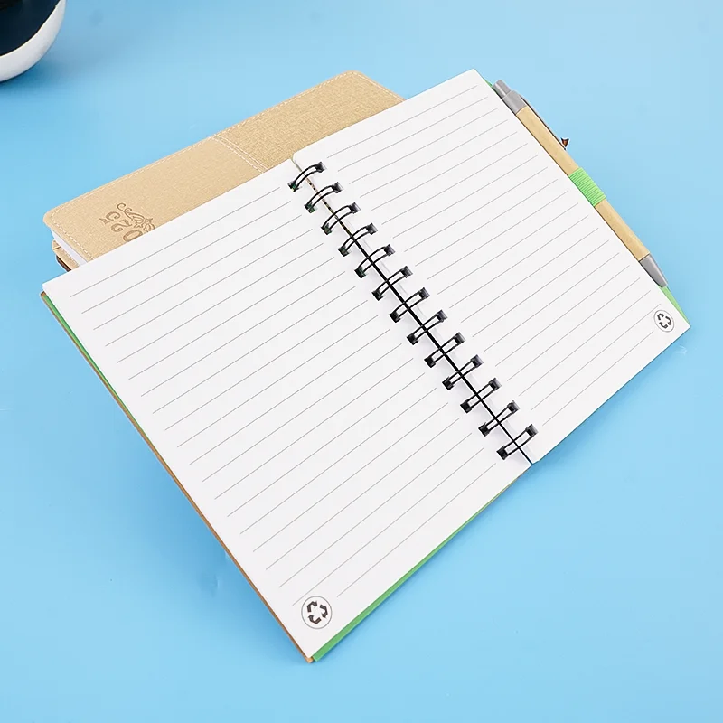 Custom Printed Eco-Friendly Recycled Spiral Kraft Notebook Featuring Your Logo with Elastic Band and Pen