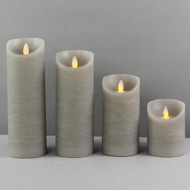 Set of 4 Grey Real Wax Distressed Finish Moving Wick LED Candles with Timer Religious