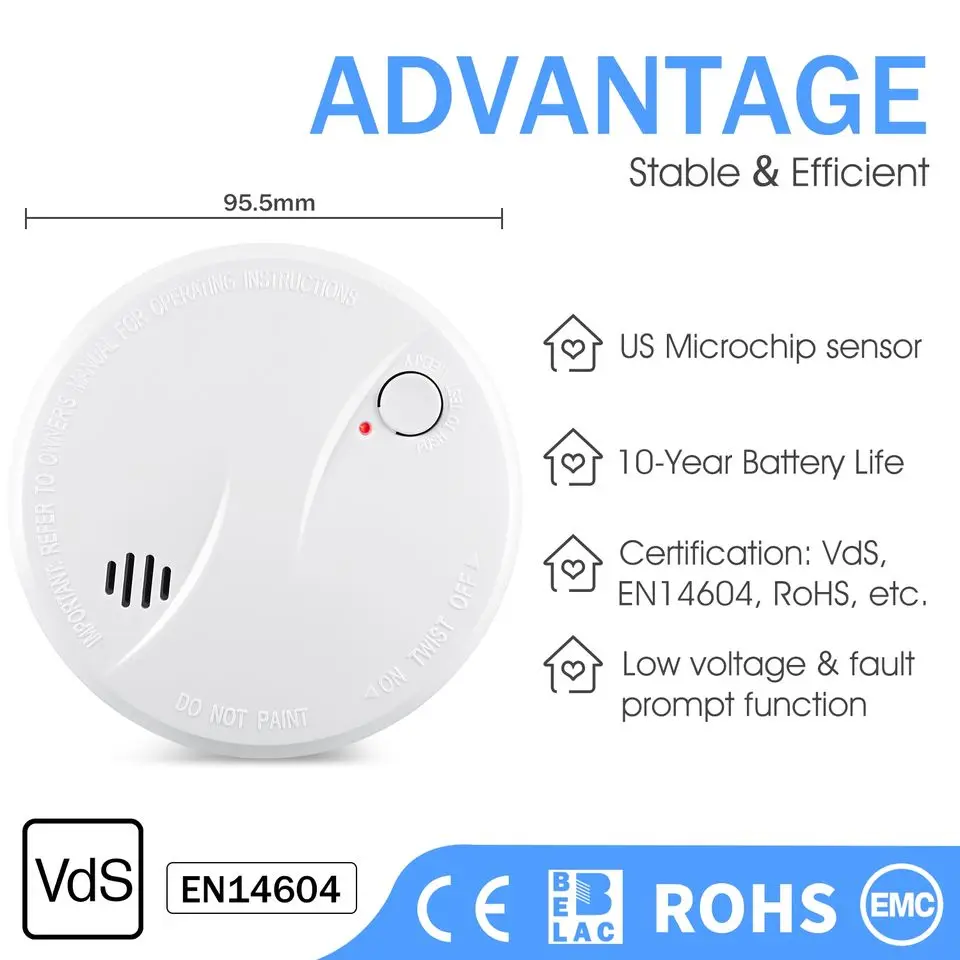 10 Years Standalone photoelectric smoke detector DC 3V battery power smoke alarm EN14604, VDS certificate