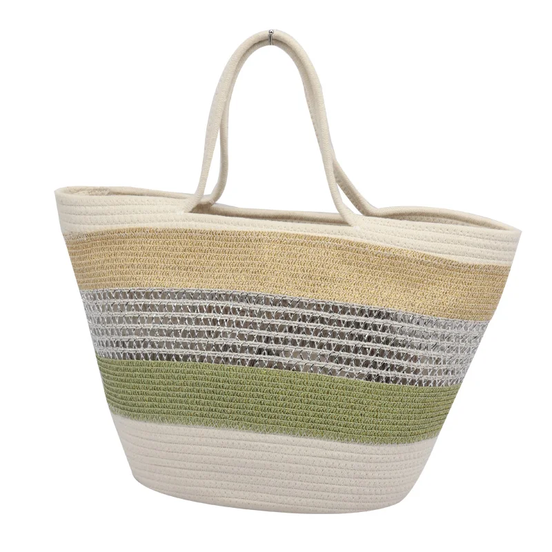 Camel color gold thread hemp gold braid handbag cotton rope storage basket casual fashion women beach bag
