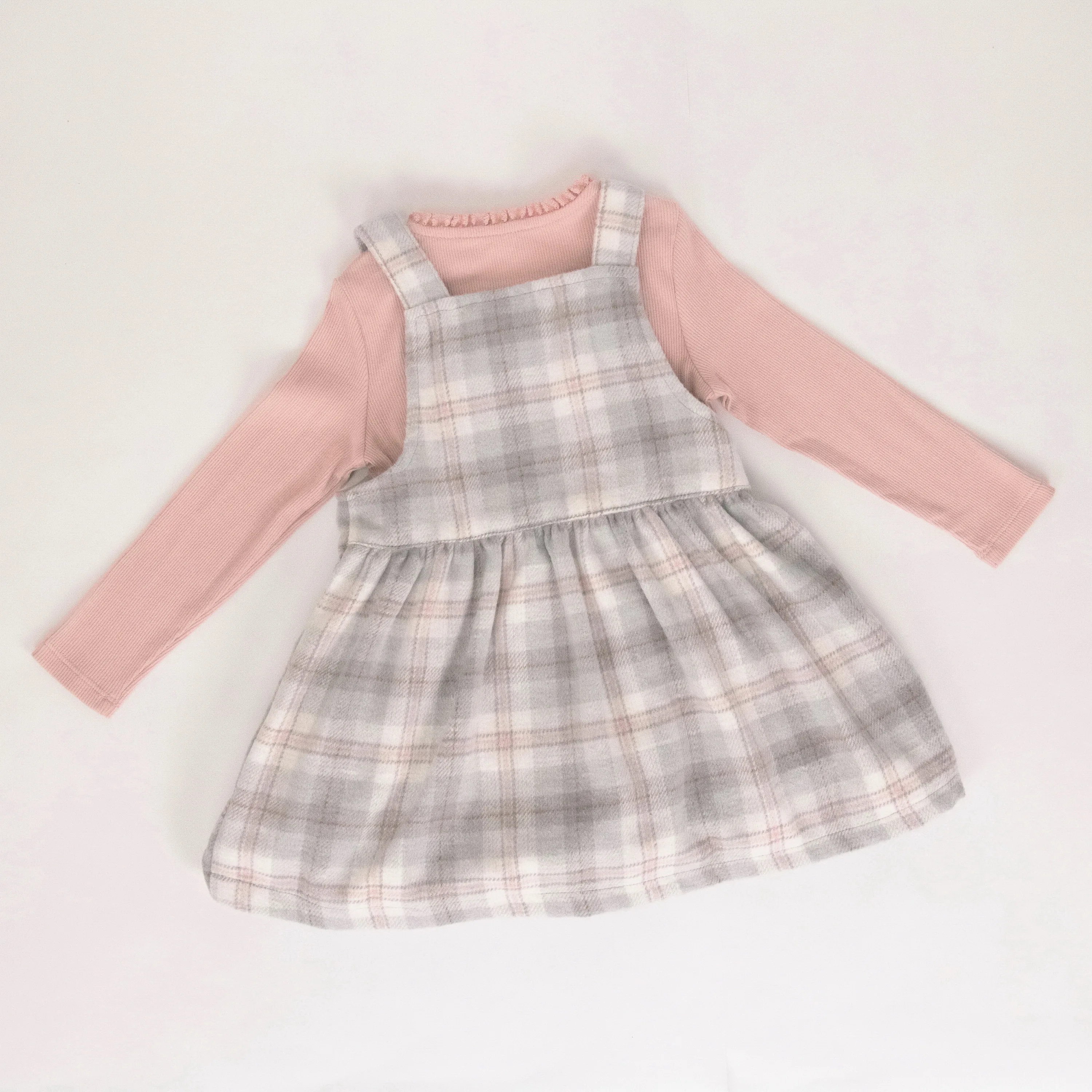Baby Girl Plaid Pinafore Dress With Pink Long Sleeve Top Infant Girls Jumper Dress Set With Ruffled Shirt Toddler Girls Dress