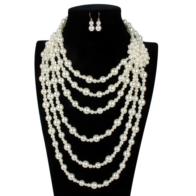 Multilayer Strand Simulated Faux Pearl Statement Long Sweater Chain Necklace and Earrings Set