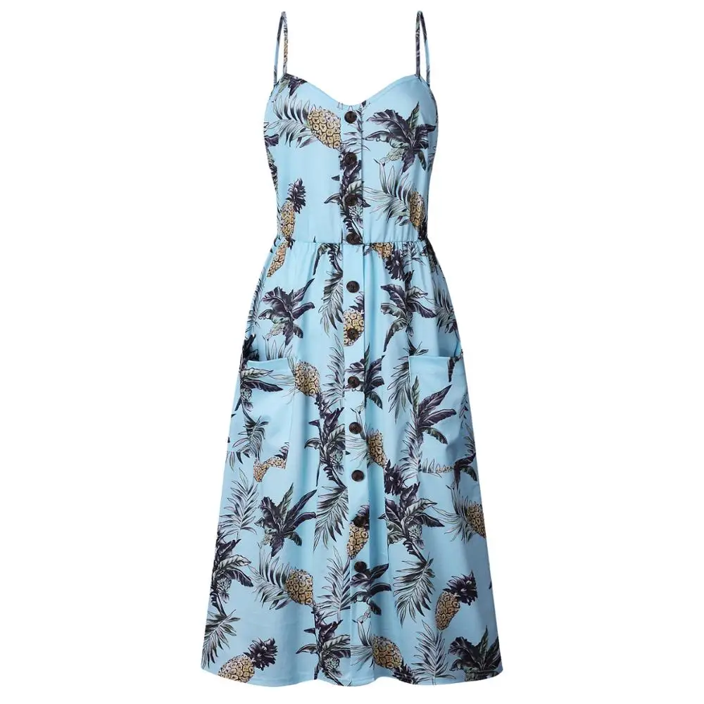 Summer Sleeveless Print Floral Sexy Ladies Girls Long dress V-Neck Button Plus Size Beach Midi Women Casual Dresses