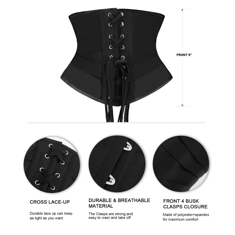 Women 8 Steel Boned Jet Ribbon Corsets Short Torso Underbust Waist Training Hourglass Tummy Control Body Shaper
