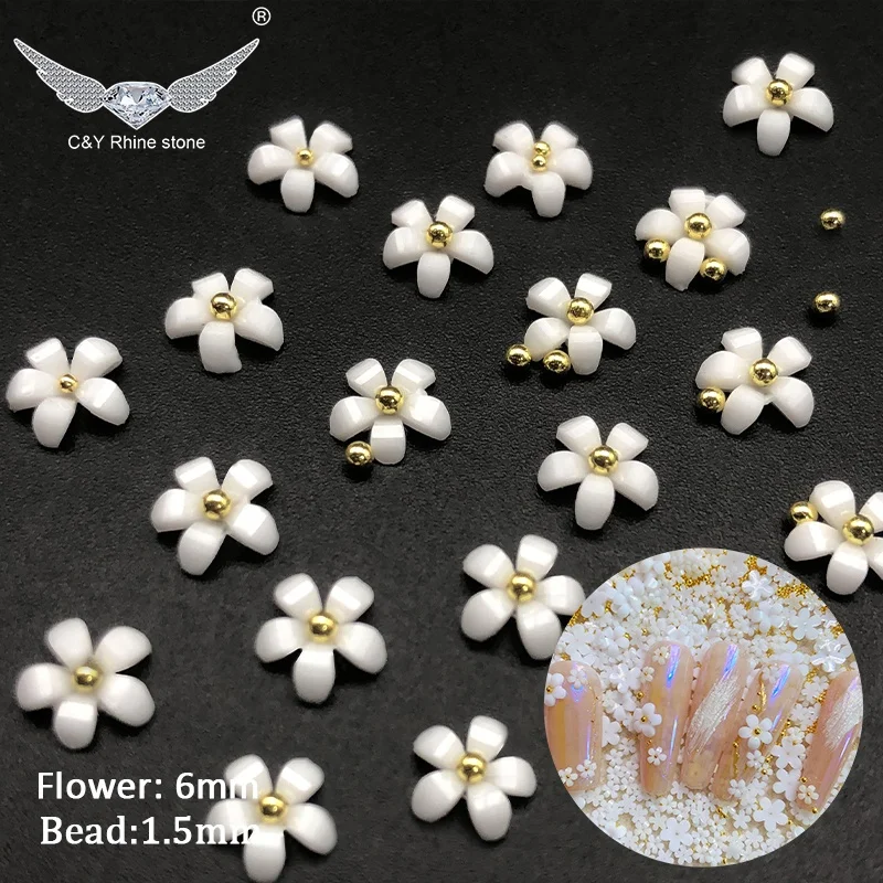 CY Mixed Color White Gold Beads Silver Gem Nail Supplier 3D Nail Art Resin Acrylic Flowers