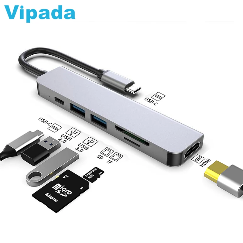 New 6 in 1 USB C HUB PD SD/TF Card Reader USB 3.0 Multi Port Laptop Docking Station USB C Adapter for Type C Hub