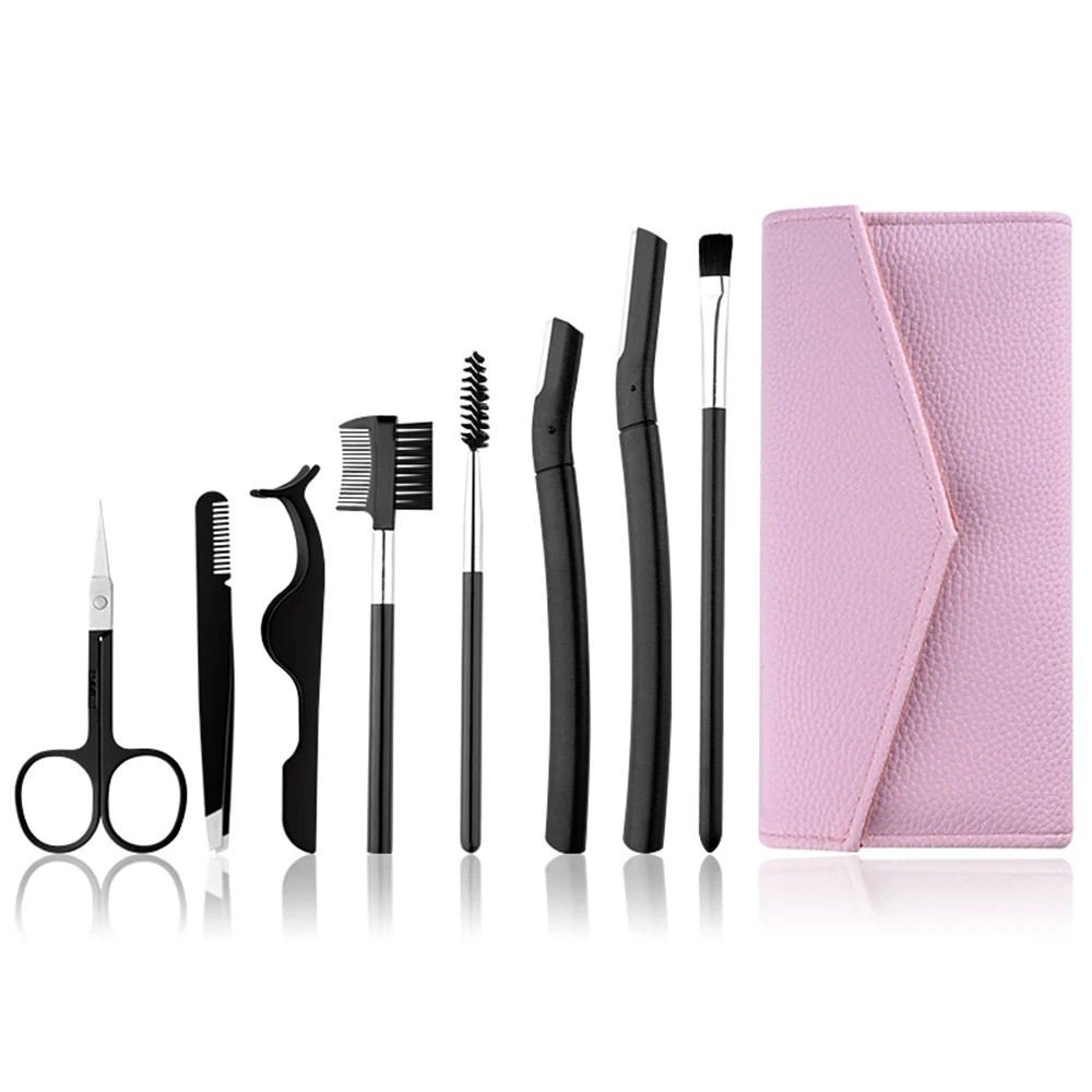8 in 1 Professional Multipurpose Women Eyebrow Kit Face Razors Facial Trimmer Shaver Eyelash Comb with PU Leather Bag Black Pink