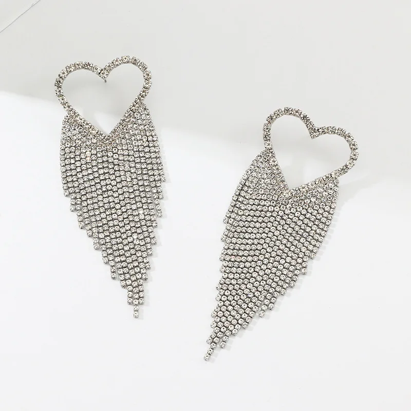 
fashion big long crystal heart earrings for wedding African luxury full diamond rhinestone tassel dangle statement earrings 
