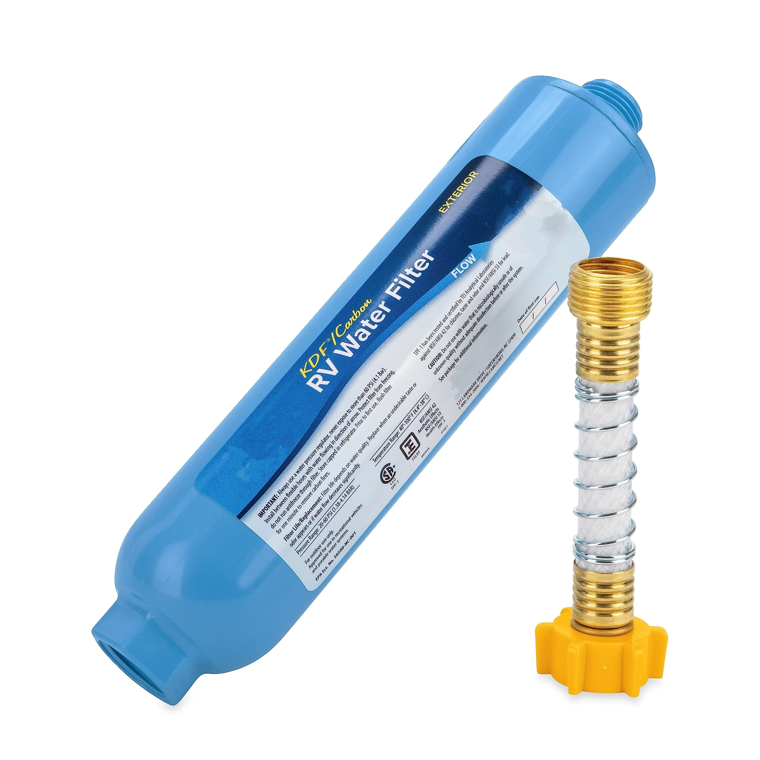 Camper RV Water Filter Hose Protector Inline Water Filter Reduce Bad Taste Odor Chlorine Ideal for Campers Travel Trailers Boats