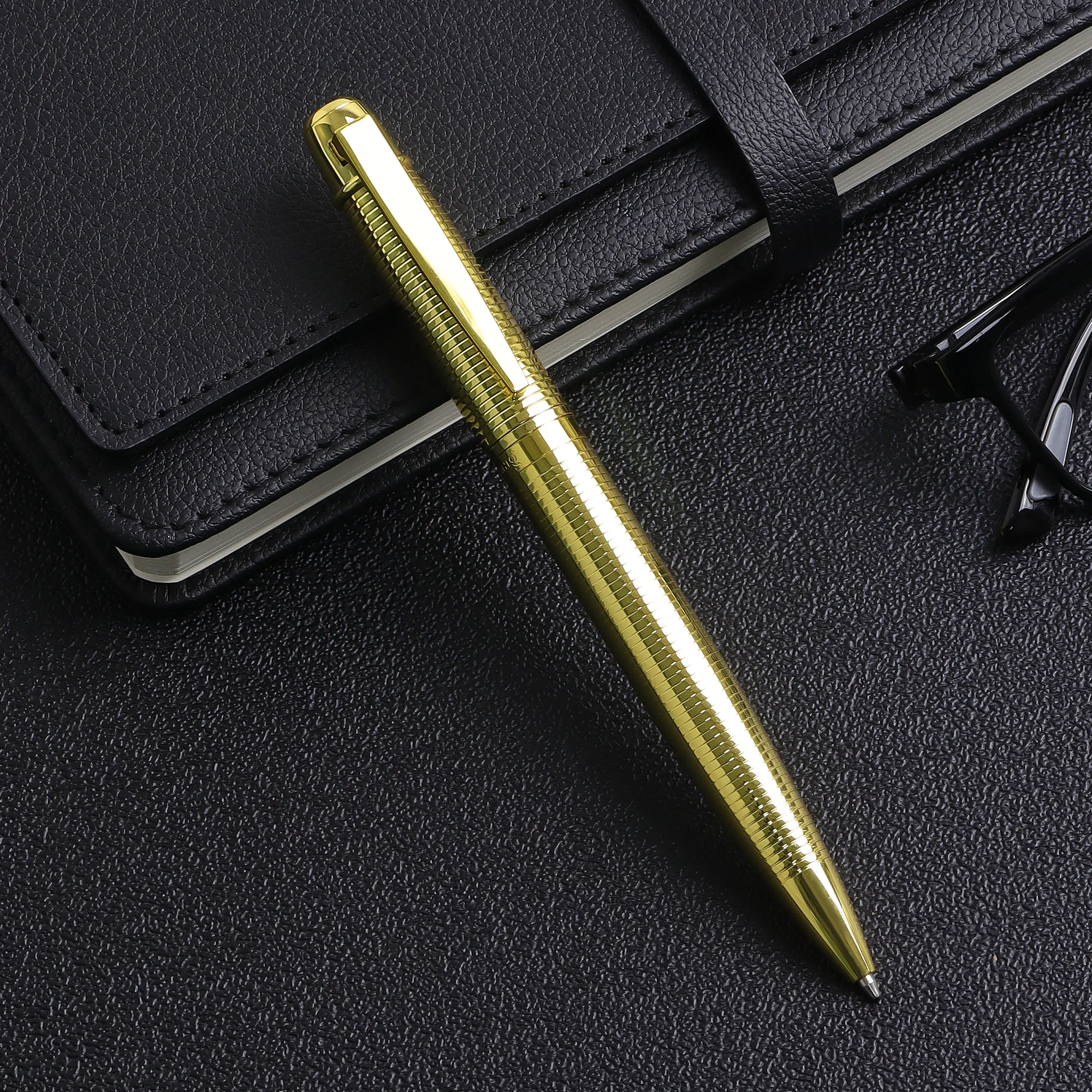 Luxury stainless steel metal body gold trim engraved logo twist ballpoint pen with gift box pen set stationery gift