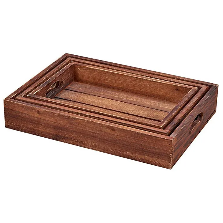 Set of 3 Multipurpose Nesting Designs Bamboo Food Tray Rustic Farmhouse Stackable Solid Wooden Serving Trays