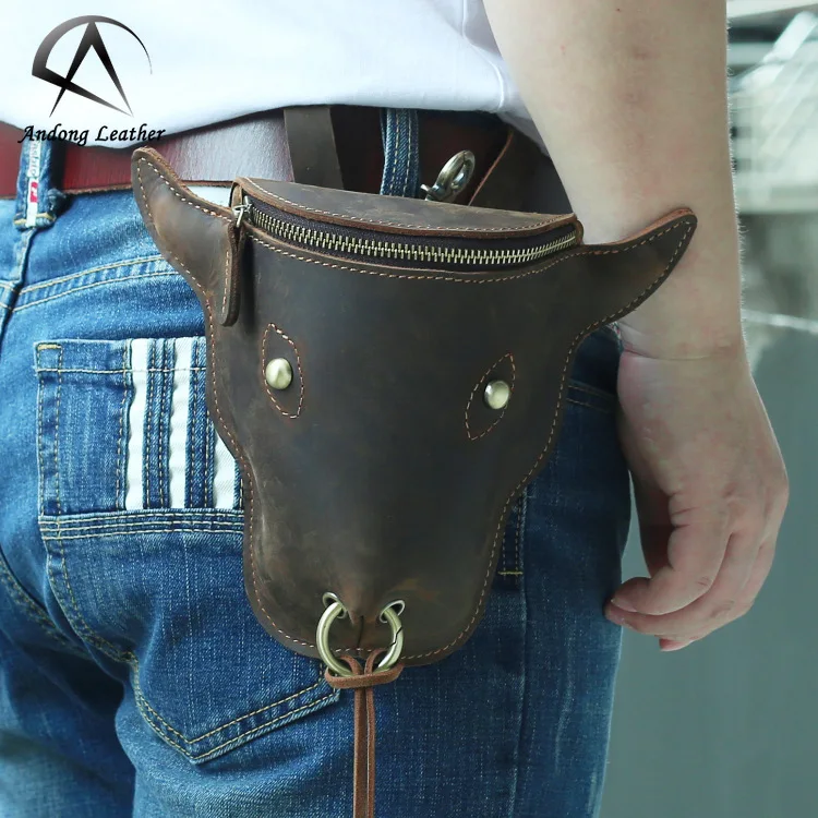 Andong Crazy Horse Leather Belt Bag Men Retro Trendy Cool Cow Head Shape Pocket 7 Inch Waist Belt Phone Pack Wallet Purse