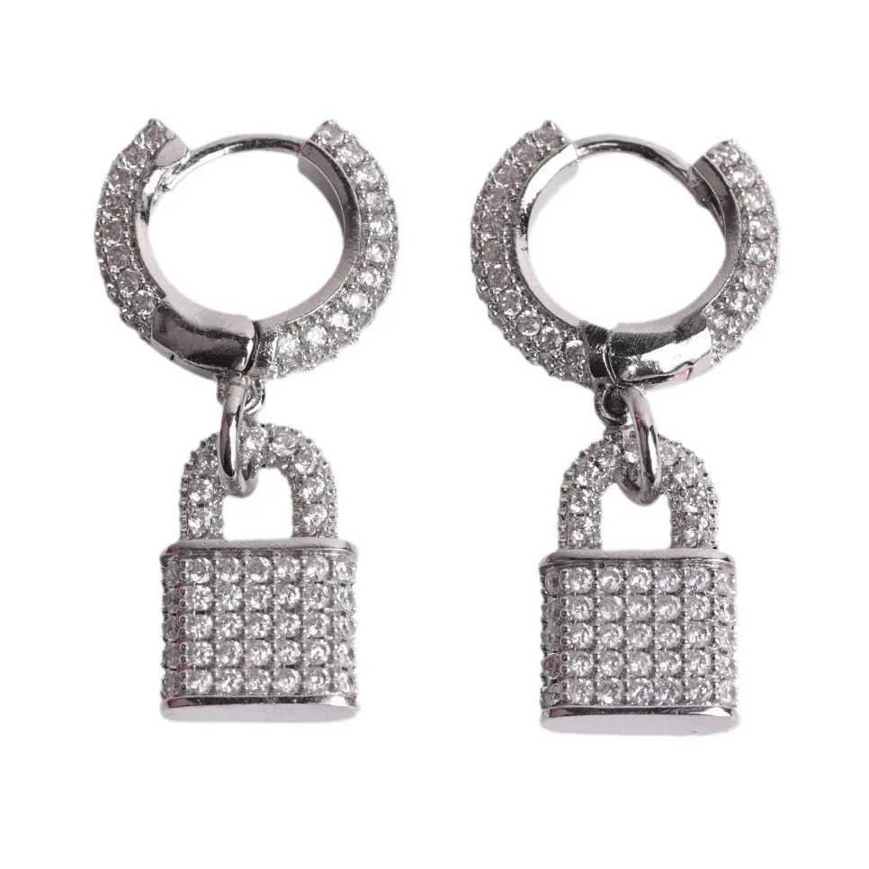 DE Stylish Trendy Iced Fashionable Brass 18k Gold Plated Jewelry Striking Silver Cubic Zircon Lock Dangle Loop Earring Ear Stud
