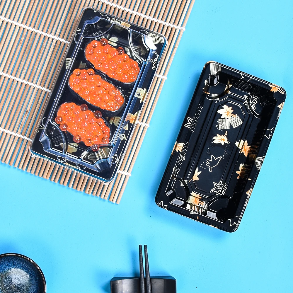 Sunzza wholesale 3pcs eco rectangular japanese disposable food take away packaging pla plastic sushi tray with lid for sushi