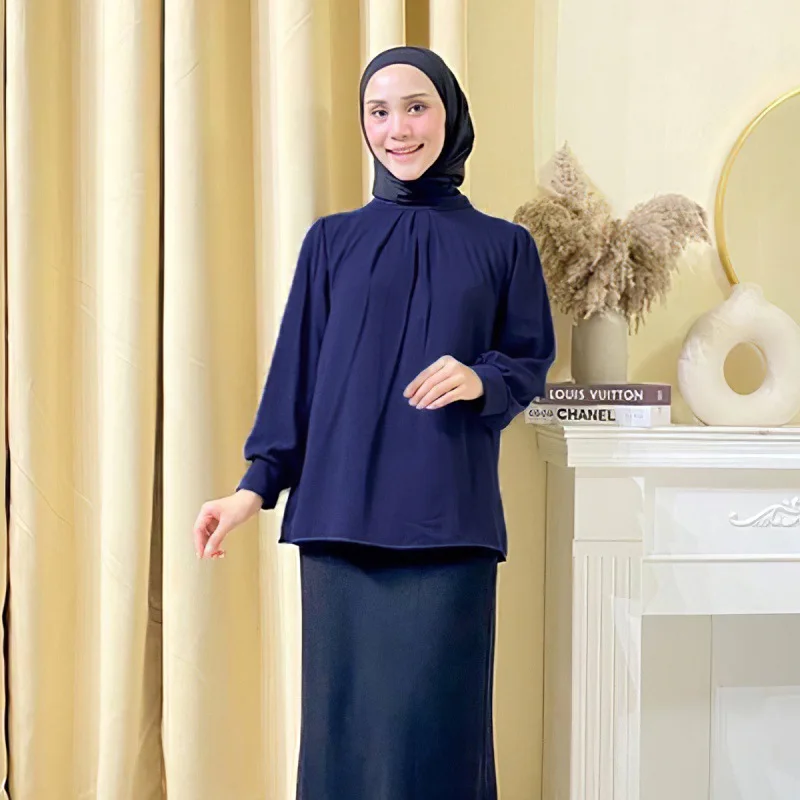 Latest Wholesale Malaysia Dubai Abaya Muslim Women Tops Long Sleeve Casual Crew Neck Modest Jazz Crepe Muslim Blouses Shirts