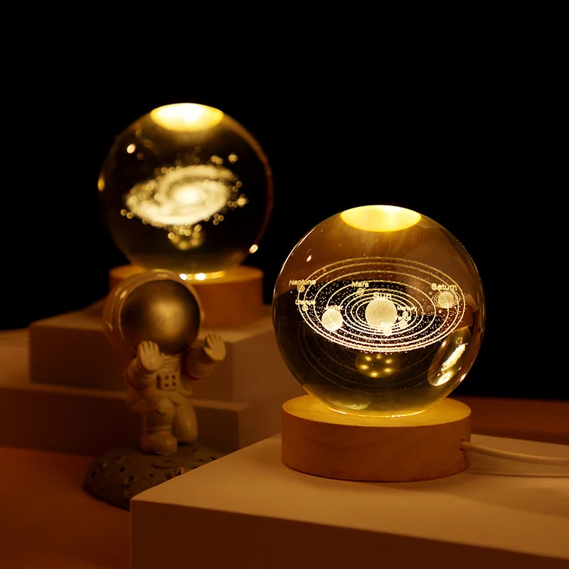 Solar System Planet Sphere Laser 3D Interior Carved Small Night Light Crystal Ball with Wood Base LED Light Night Lamp