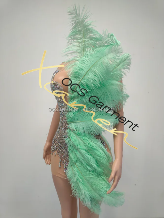 Ocstrade Summer Rhinestone Long Ostrich Feather Bridesmaid Dresses Mint Green Glitter Club Party Dress Performance Wear Ballroom