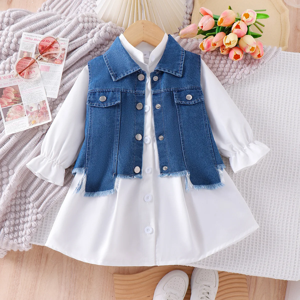 European and American autumn hot sale new arrivals small and medium children skirt suits denim vest jacket solid color dress
