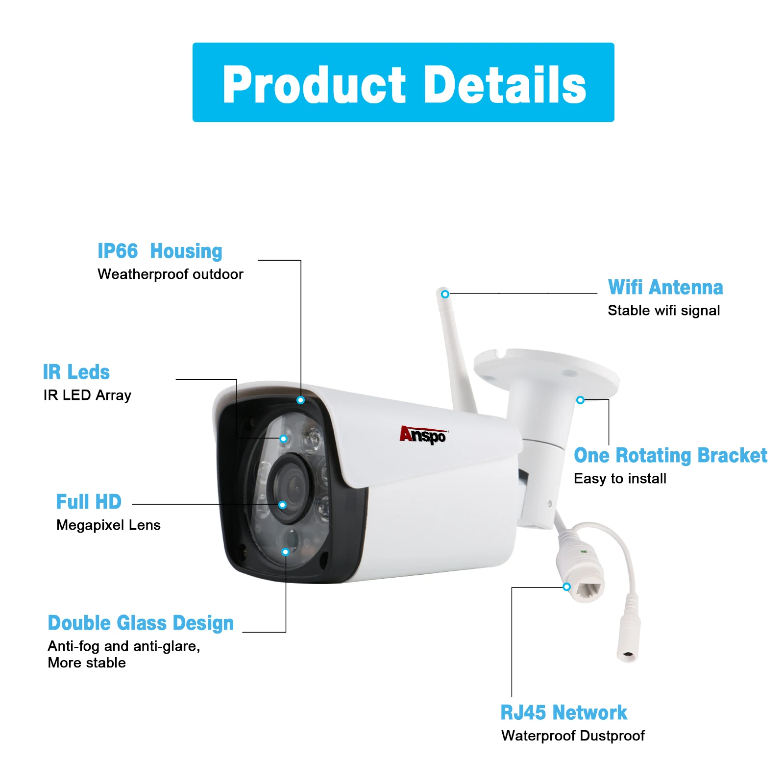 Anspo  CCTV Security Camera System 4CH 2MP 1080Ap HD Surveillance Wifi NVR  Wireless  wifi bullet IP67 waterproof network camera