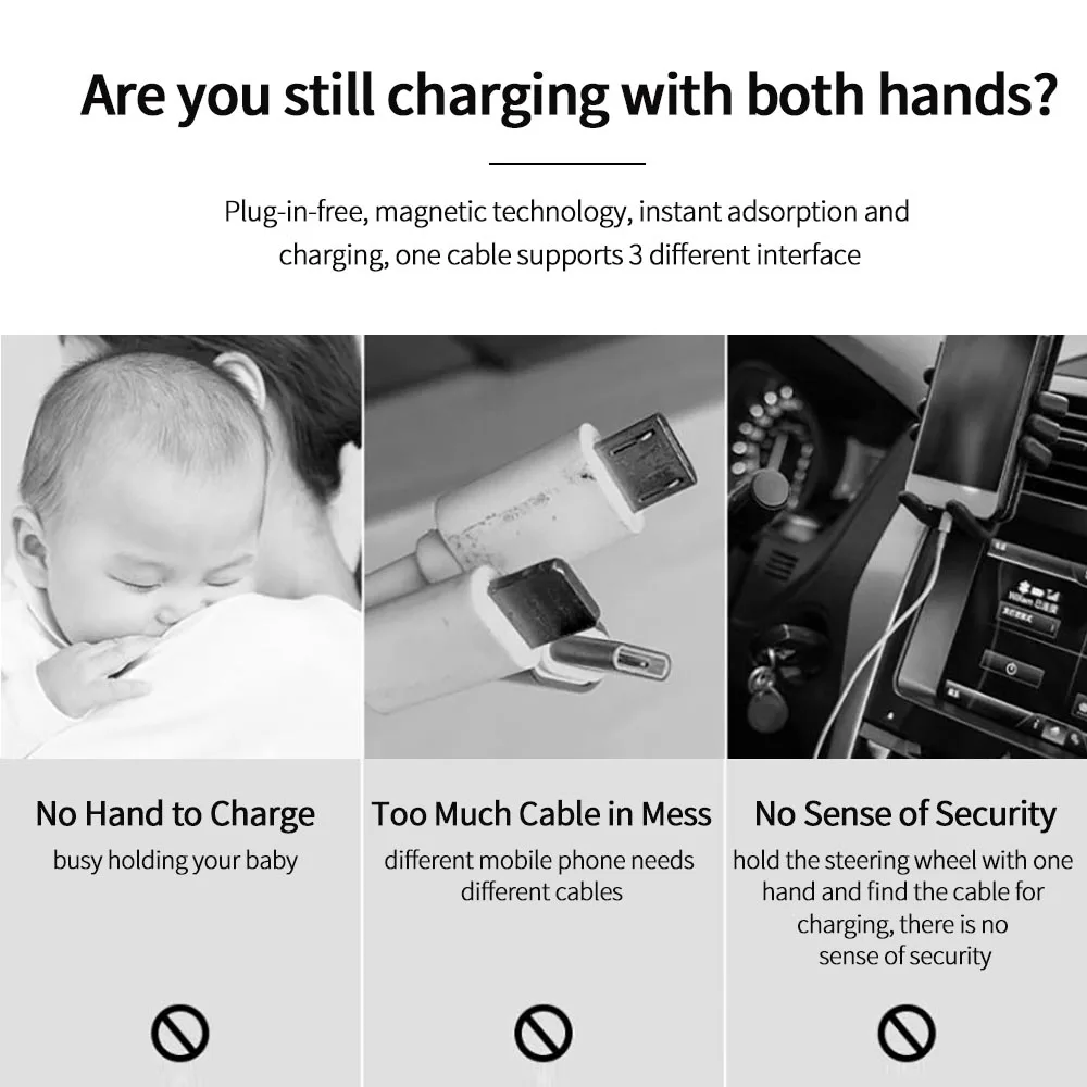 OEM Custom Logo 3 in 1 Led Light Flowing Luminous Charging Cable to Android USB Rotatable Metal Magnetic With Quick Charger Cabl