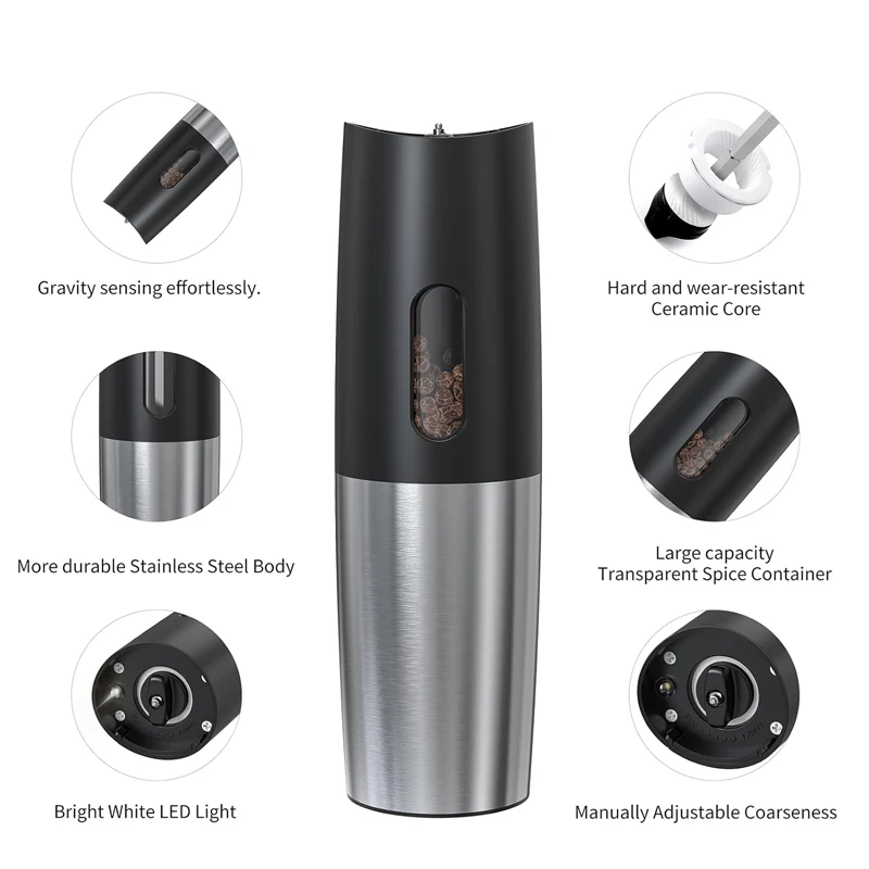 Unit-Charging Gravity Automatic Pepper Mill Electric Salt and Pepper Grinder Set with USB Rechargeable Charging Base LED Light