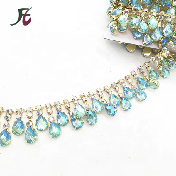Fashion sparkling gold Green AB rhinestone green acrylic resin diamond tassel chain for shoes/bags/garment