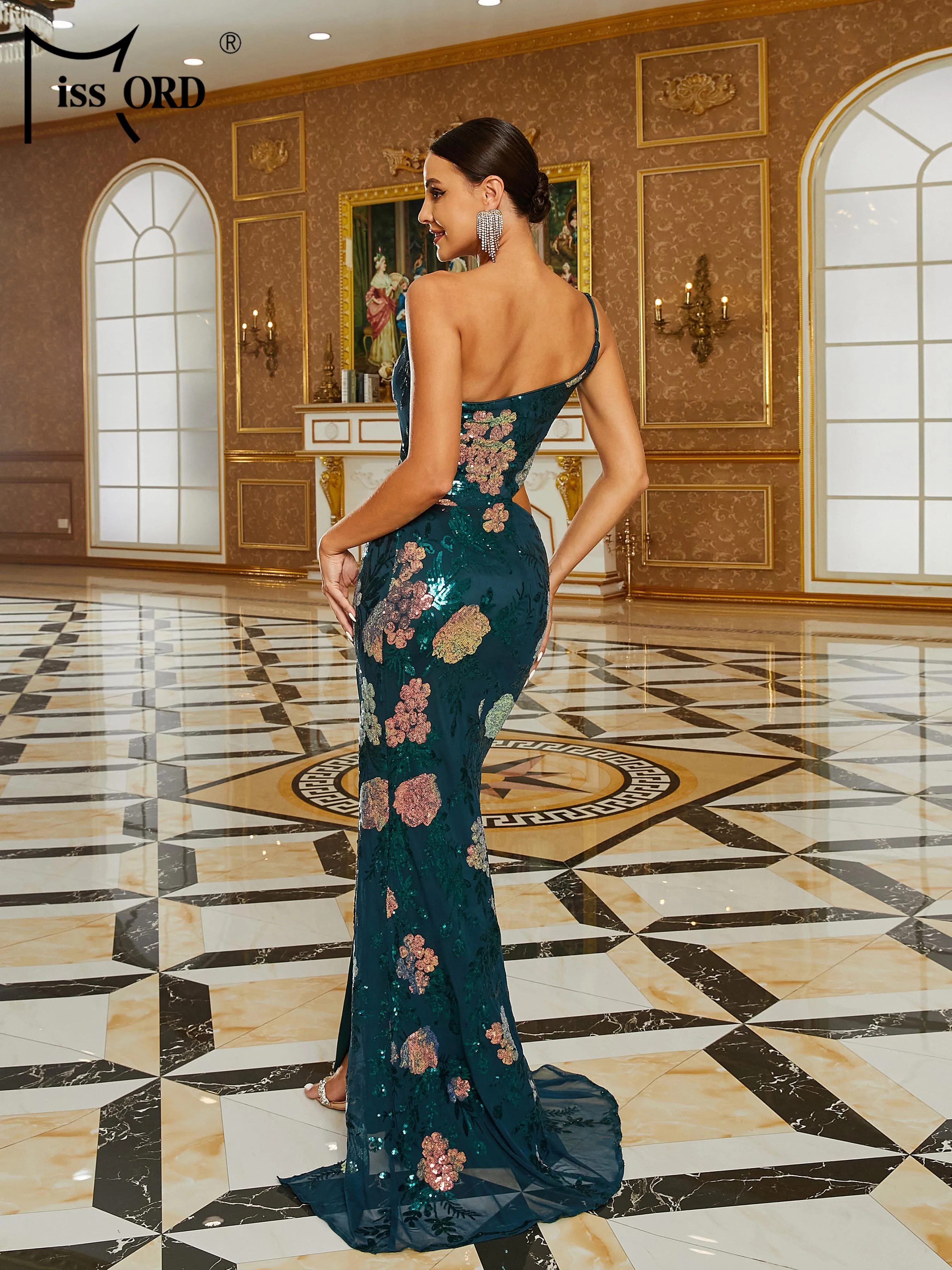 Latest Long Gown Designs One Shoulder Cut Out Waist Womens Party Dress Sequin Prom Evening Dresses 2024