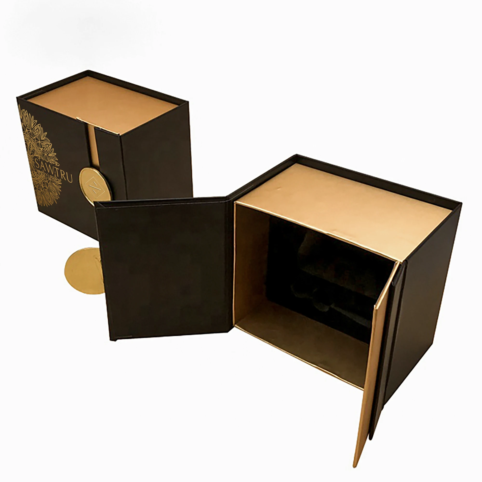 Two Doors Opened Black Paper Rigid Cardboard Packaging Magnetic Closure Packaging Magnetic Closure Gift Box For Cosmetic