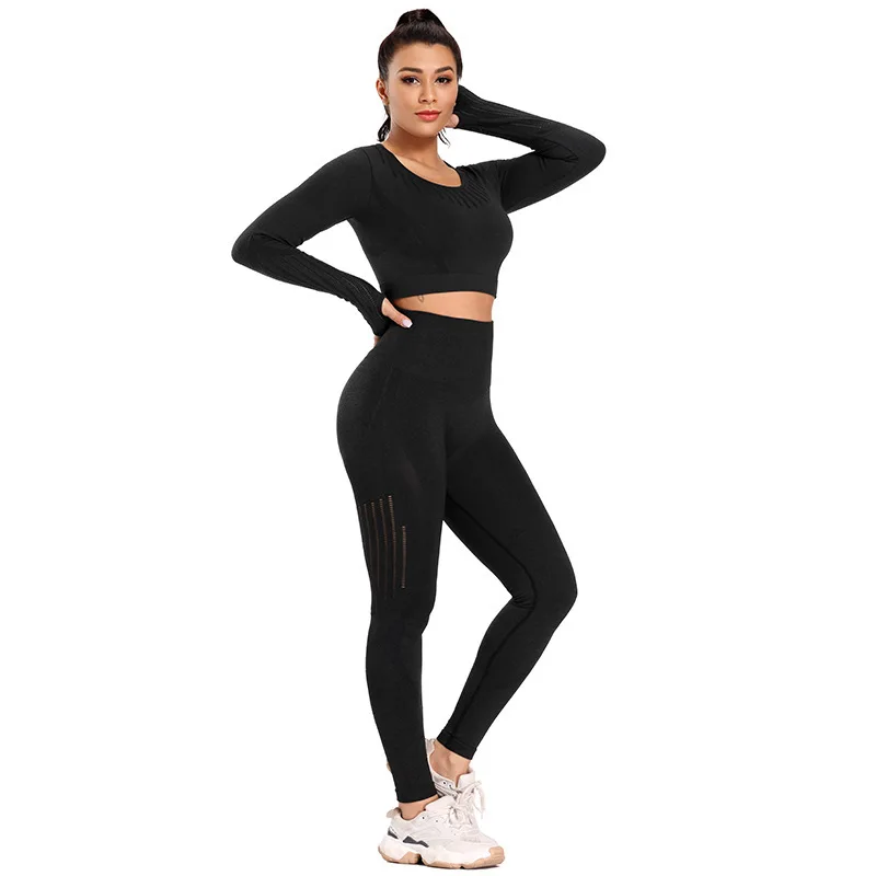 2021 New High Waist Fitness Two Piece Pants Seamless Compression Leggings Yoga Gym Set For Women