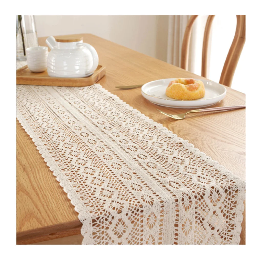 T003 Beige White Unique design embroidered Knitted hollow table cloth lace tassel table flag table flag