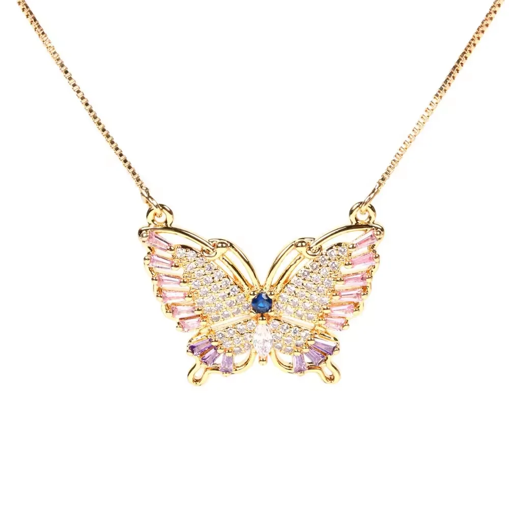Wholesale Fashion Jewelry womens 18K gold plated brass butterfly colorful full zirconia necklaces jewelry