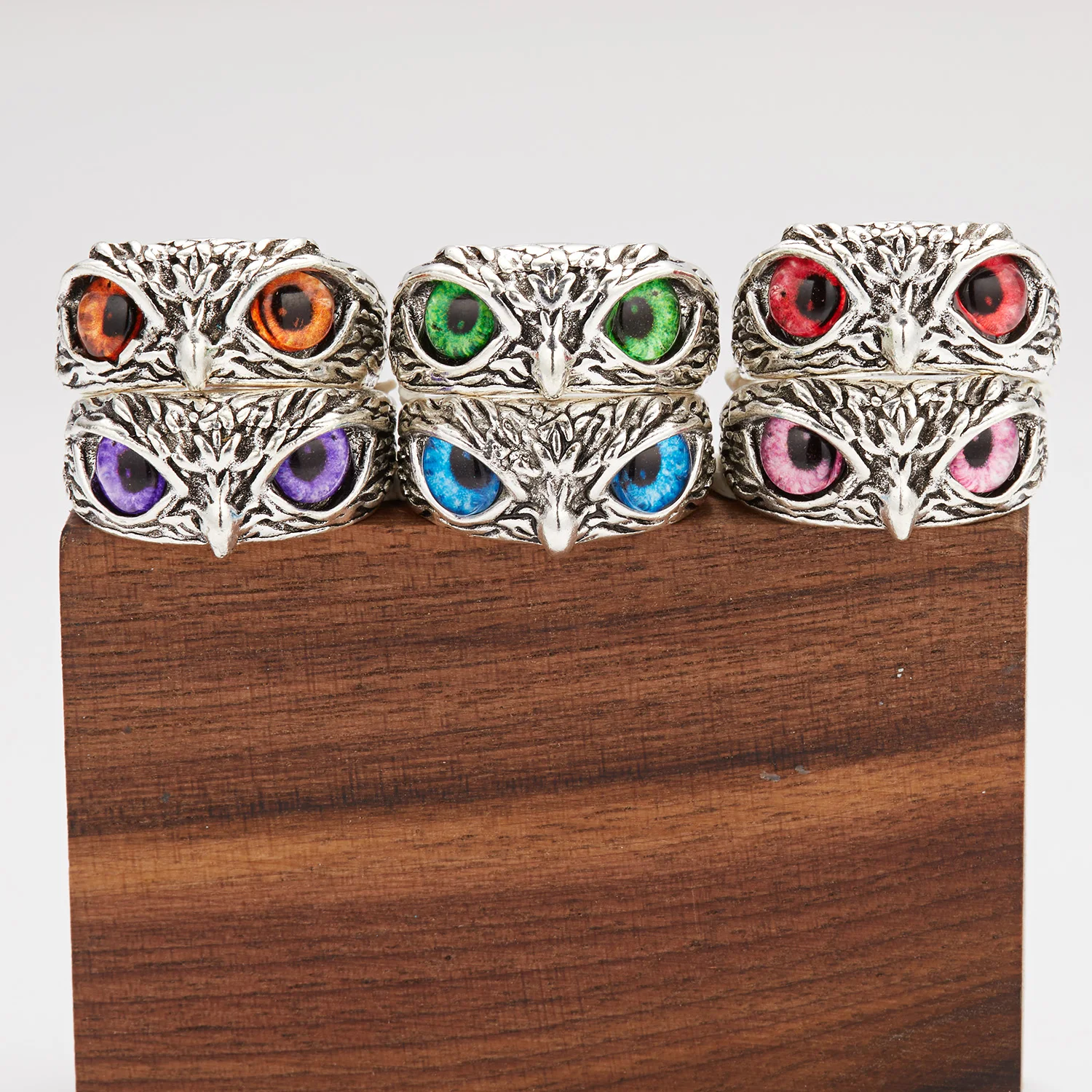 Vintage Silver Owl Ring Multi Color Cat Eyes Animal Charm Vintage Rings Men Women Adjustable Wide Opening Rings Jewelry Gifts