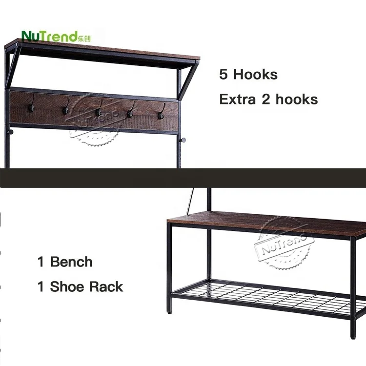 Hall Tree Wood Clothes Hanger Free Stand Entrance Hall Stand Coat Clothes Hanger Wooden Metal Coat Rack with Shoe Bench