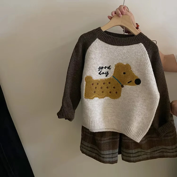 Fashion cartoon dog sweater plus velvet plaid wide-leg pants for children fashion kid clothes Suits girls boutique clothing sets