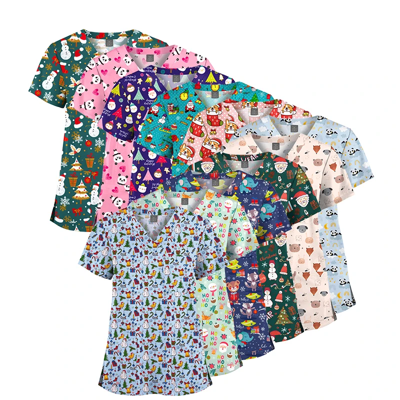 Wholesale Christmas Prints Pattern Scrubs Tops Women Medical Uniform Nursing Shirts Short Sleeve Stretch Hospital Nurses Uniform