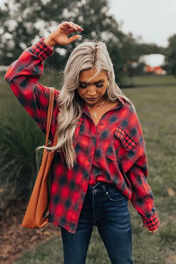 Women Red Plaid Polyester Cotton Flannel Shirt Flap Pocket Casual Drop Shoulder Shirt Jacket