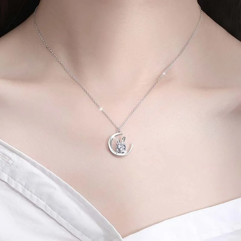 s925 Sterling Silver Moon Rabbit Moissanite Necklace Female 1 Carat Moissanite Snake Bone Chain Factory Outlet